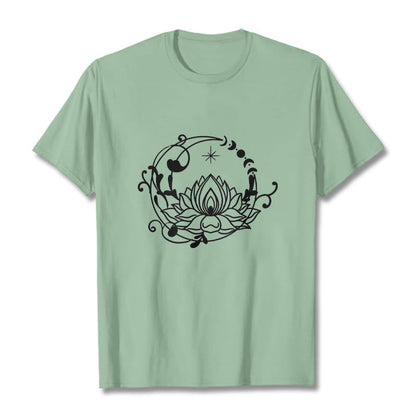 Buddha Stones Simple Design Lotus Flower Moon Flowing Vines Pattern Cotton Tee T-shirt