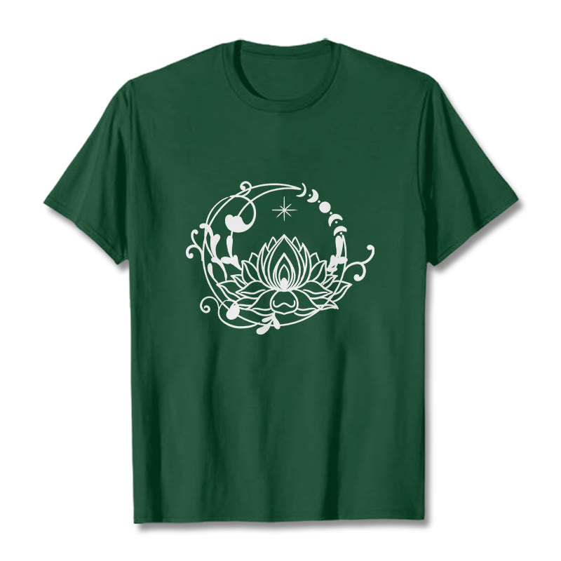 Buddha Stones Simple Design Lotus Flower Moon Flowing Vines Pattern Cotton Tee T-shirt