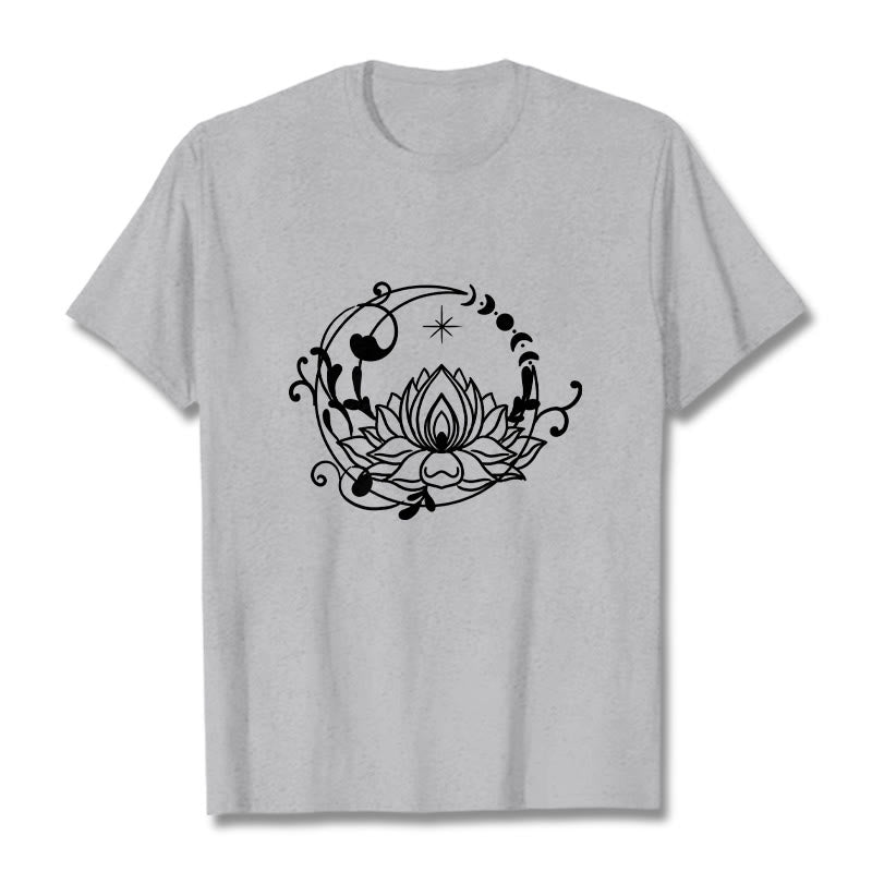 Buddha Stones Simple Design Lotus Flower Moon Flowing Vines Pattern Cotton Tee T-shirt