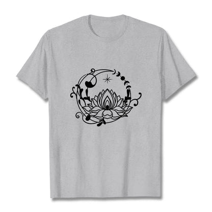 Buddha Stones Simple Design Lotus Flower Moon Flowing Vines Pattern Cotton Tee T-shirt