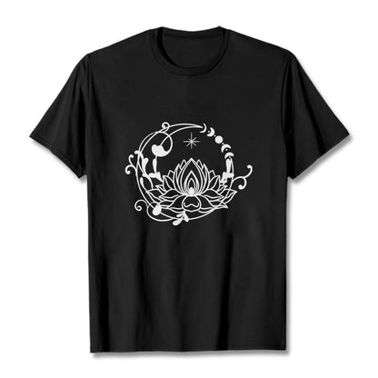 Buddha Stones Simple Design Lotus Flower Moon Flowing Vines Pattern Cotton Tee T-shirt