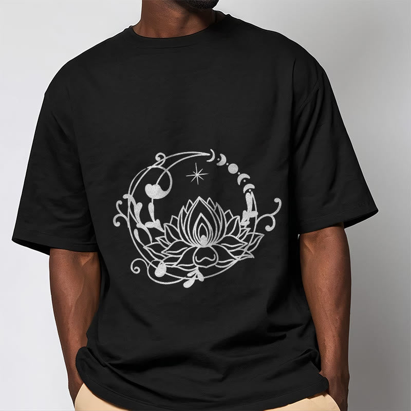 Buddha Stones Simple Design Lotus Flower Moon Flowing Vines Pattern Cotton Tee T-shirt
