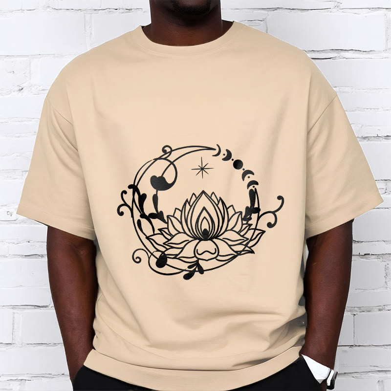 Buddha Stones Simple Design Lotus Flower Moon Flowing Vines Pattern Cotton Tee T-shirt