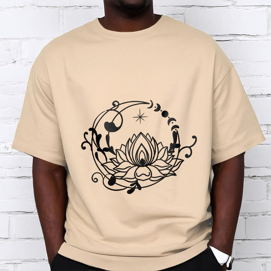 Buddha Stones Simple Design Lotus Flower Moon Flowing Vines Pattern Cotton Tee T-shirt
