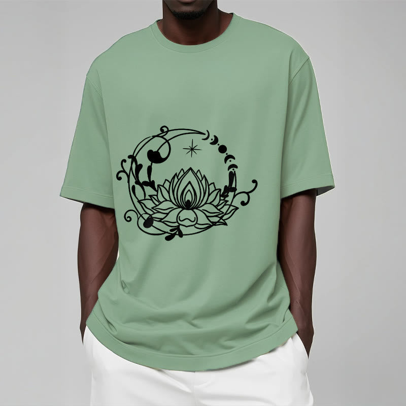 Buddha Stones Simple Design Lotus Flower Moon Flowing Vines Pattern Cotton Tee T-shirt