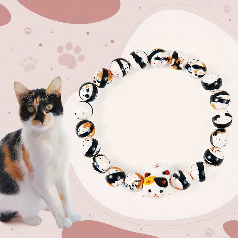 Buddha Stones Calico Cat Natural Stone Ceramic Kitten Head Strength Bracelet