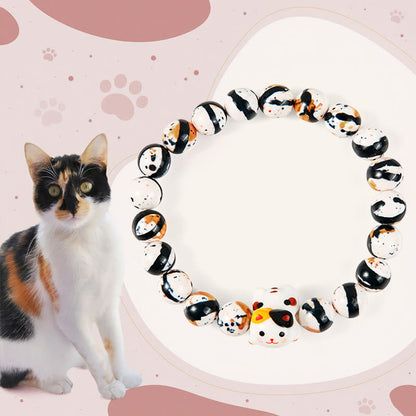 Buddha Stones Calico Cat Natural Stone Ceramic Kitten Head Strength Bracelet