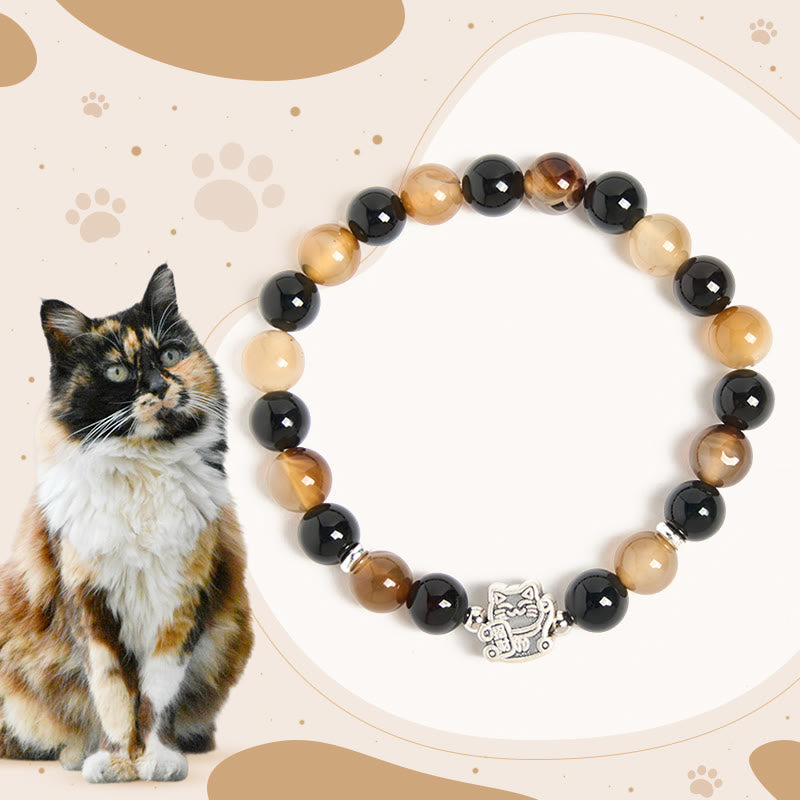 Buddha Stones 925 Sterling Silver Tortoiseshell Cat Light Brown Striped Agate Black Onyx Bracelet