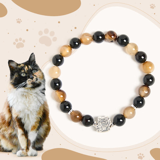 Buddha Stones 925 Sterling Silver Tortoiseshell Cat Light Brown Striped Agate Black Onyx Bracelet