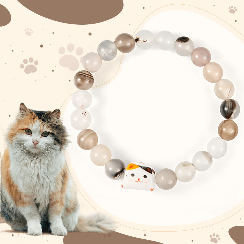 Buddha Stones Calico Cat Natural Agate Stone Ceramic Kitten Head Power Bracelet