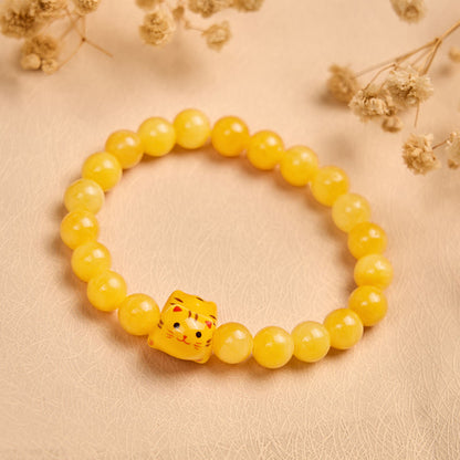 Buddha Stones Orange Tabby Cat Yellow Chalcedony Ceramic Kitten Joy Bracelet