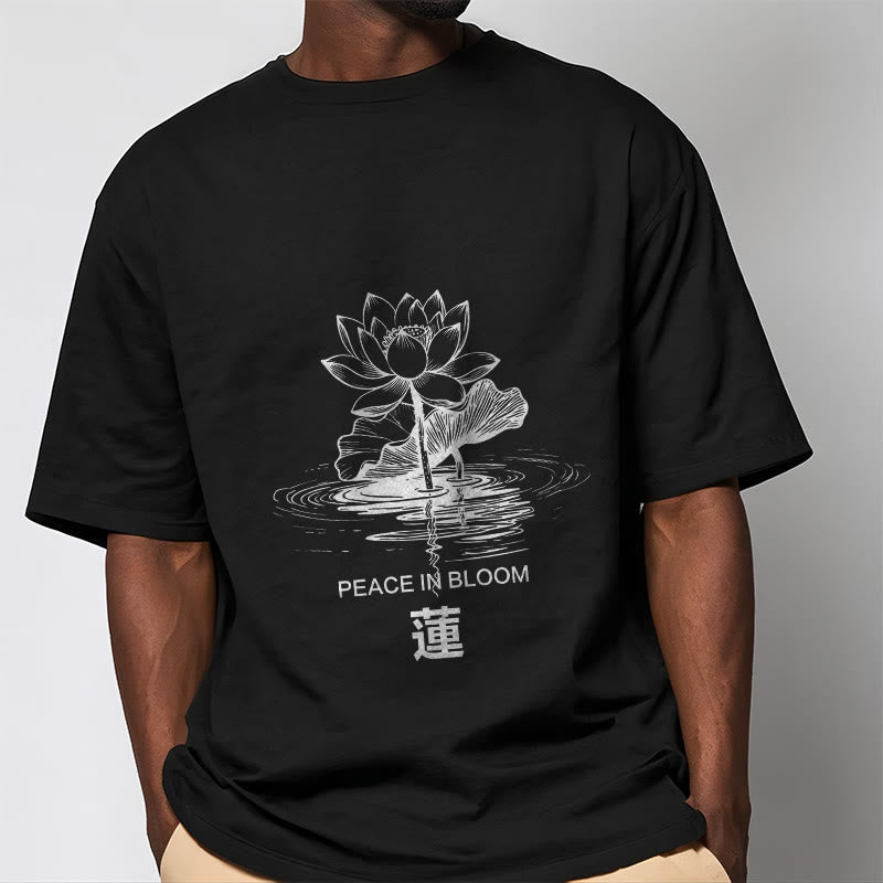 Buddha Stones Lotus Flower Lotus Leaf Ripple Pattern Tee Cotton T-shirt