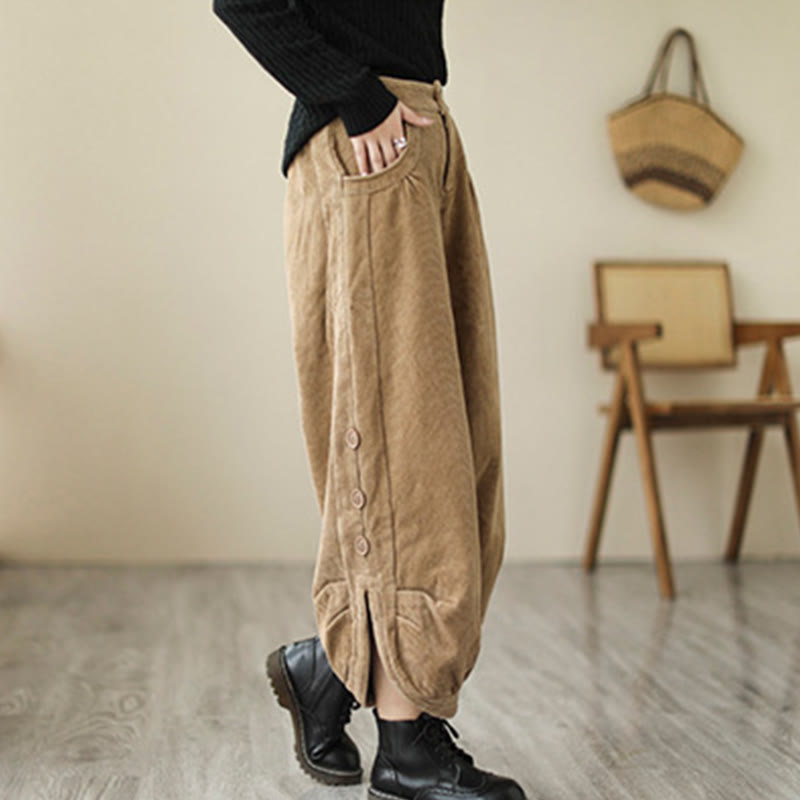 Buddha Stones Casual Buttons Leg Opening Design Women's Cotton Corduroy Pants With Pockets