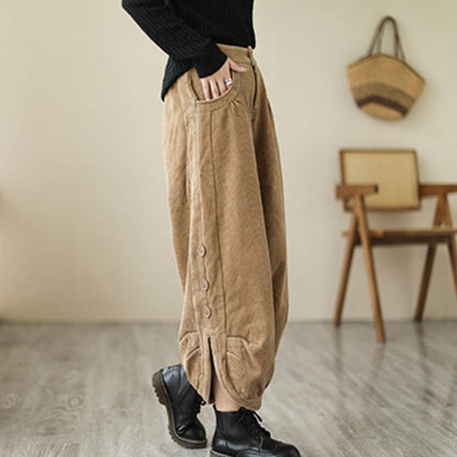 Buddha Stones Casual Buttons Leg Opening Design Women's Cotton Corduroy Pants With Pockets