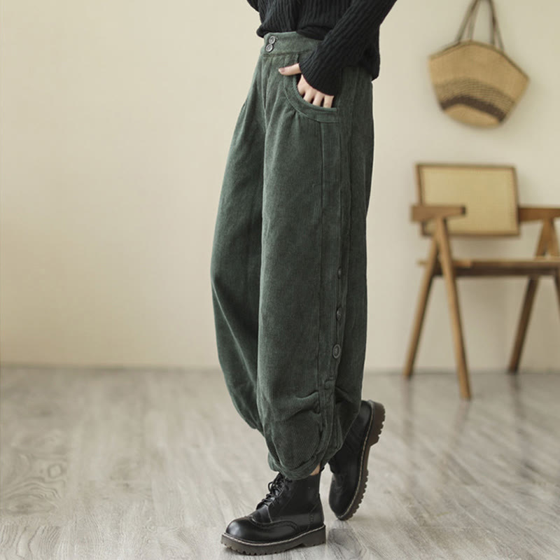 Buddha Stones Casual Buttons Leg Opening Design Women's Cotton Corduroy Pants With Pockets