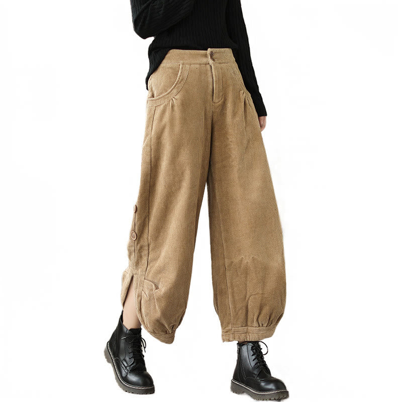 Buddha Stones Casual Buttons Leg Opening Design Women's Cotton Corduroy Pants With Pockets