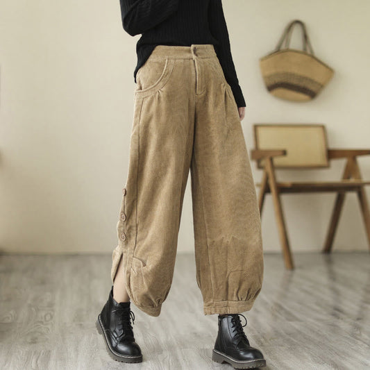 Buddha Stones Casual Buttons Leg Opening Design Women's Cotton Corduroy Pants With Pockets