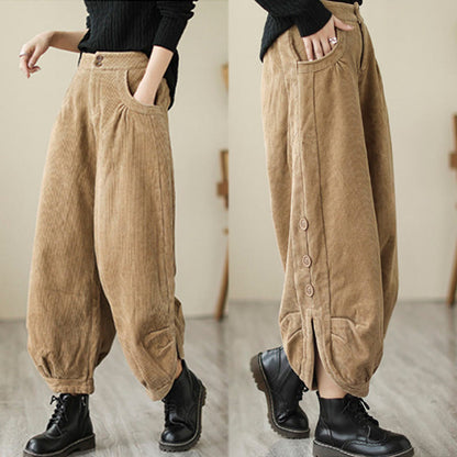 Buddha Stones Casual Buttons Leg Opening Design Women's Cotton Corduroy Pants With Pockets