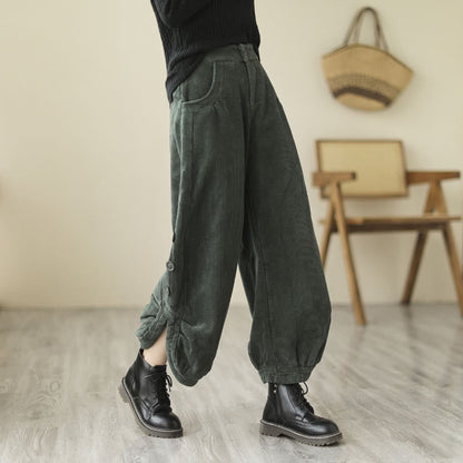 Buddha Stones Casual Buttons Leg Opening Design Women's Cotton Corduroy Pants With Pockets