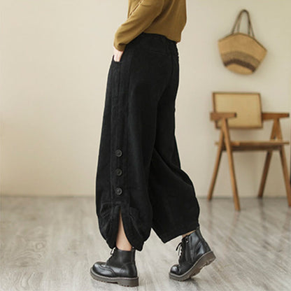 Buddha Stones Casual Buttons Leg Opening Design Women's Cotton Corduroy Pants With Pockets