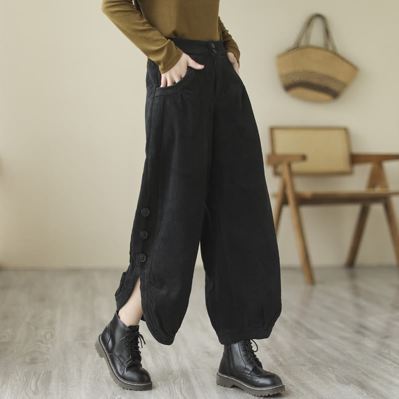Buddha Stones Casual Buttons Leg Opening Design Women's Cotton Corduroy Pants With Pockets