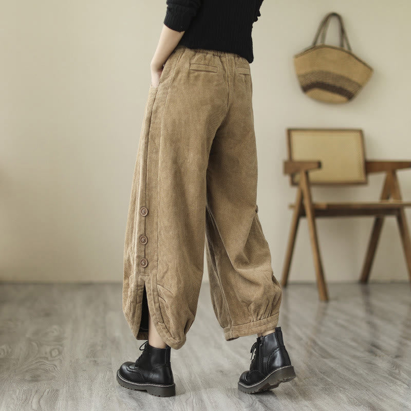 Buddha Stones Casual Buttons Leg Opening Design Women's Cotton Corduroy Pants With Pockets