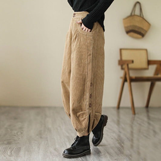 Buddha Stones Casual Buttons Leg Opening Design Women's Cotton Corduroy Pants With Pockets