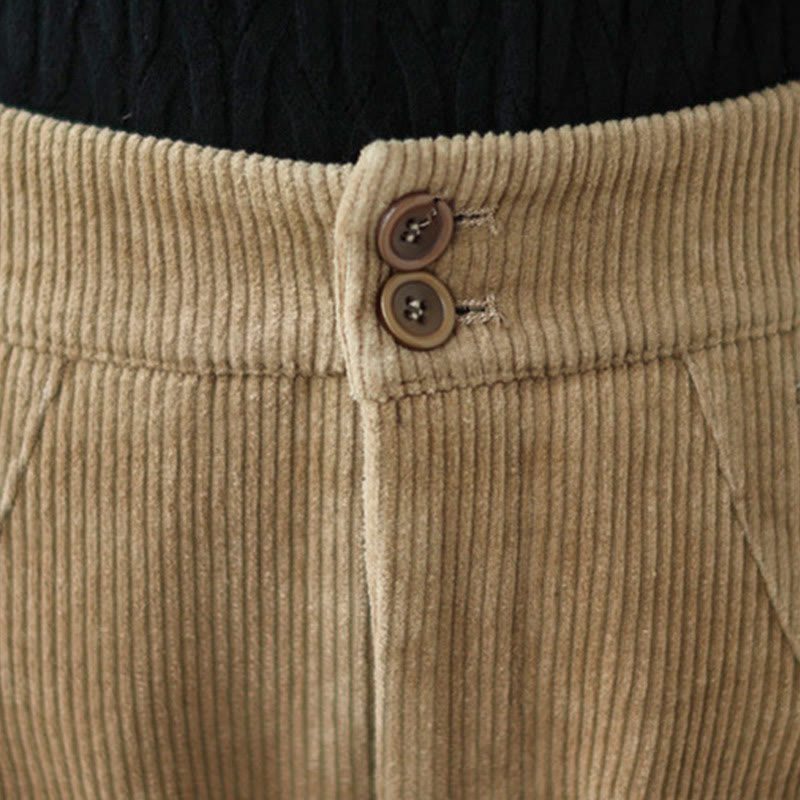 Buddha Stones Casual Buttons Leg Opening Design Women's Cotton Corduroy Pants With Pockets