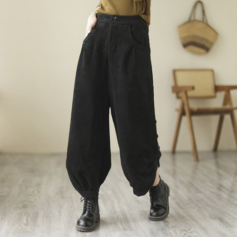 Buddha Stones Casual Buttons Leg Opening Design Women's Cotton Corduroy Pants With Pockets