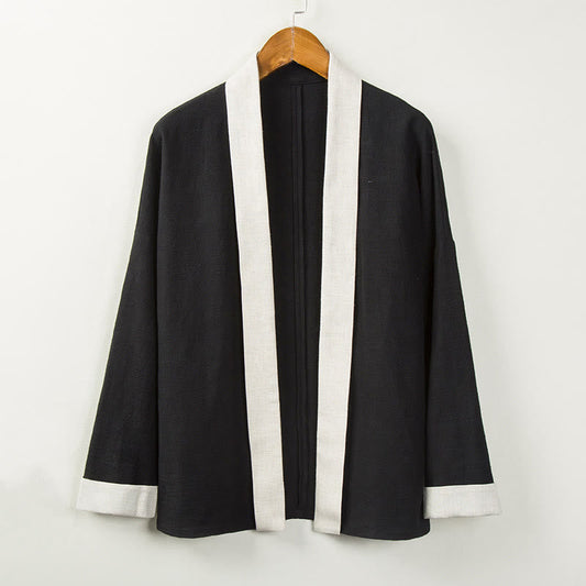 Buddha Stones Winter Solid Color Long Sleeve Open Front Jacket Men's Cotton Kimono