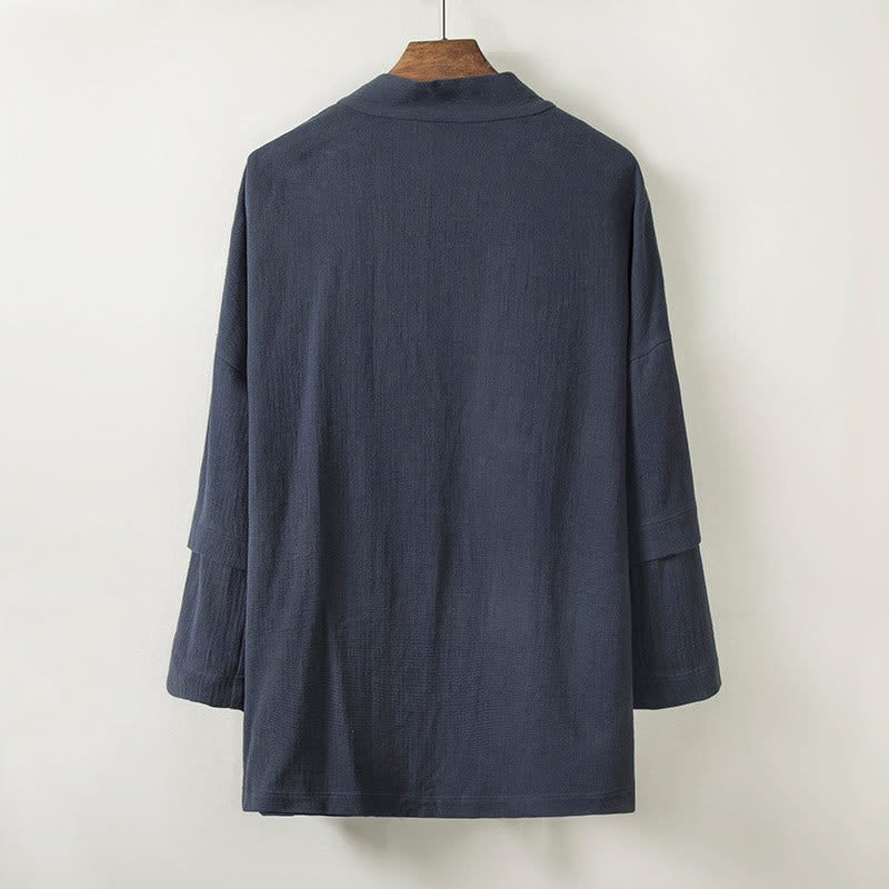 Buddha Stones Pure Color Open Front Jacket Men's Cotton Linen Long Sleeve Kimono With Pockets