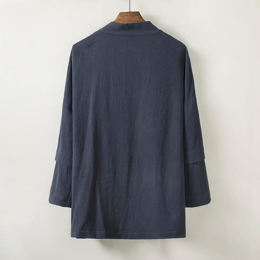Buddha Stones Pure Color Open Front Jacket Men's Cotton Linen Long Sleeve Kimono With Pockets