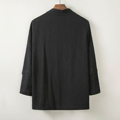 Buddha Stones Pure Color Open Front Jacket Men's Cotton Linen Long Sleeve Kimono With Pockets