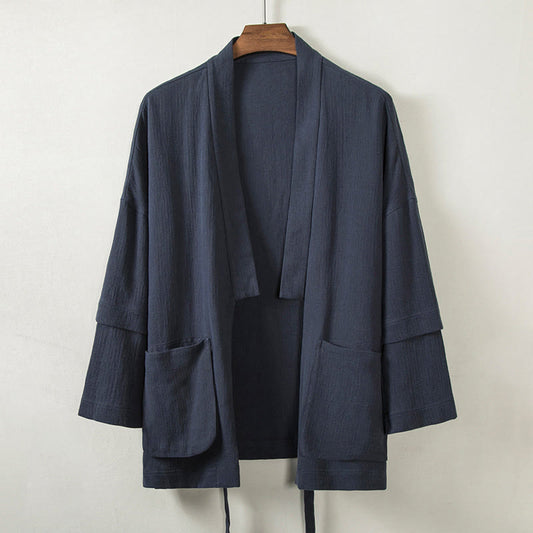 Buddha Stones Pure Color Open Front Jacket Men's Cotton Linen Long Sleeve Kimono With Pockets