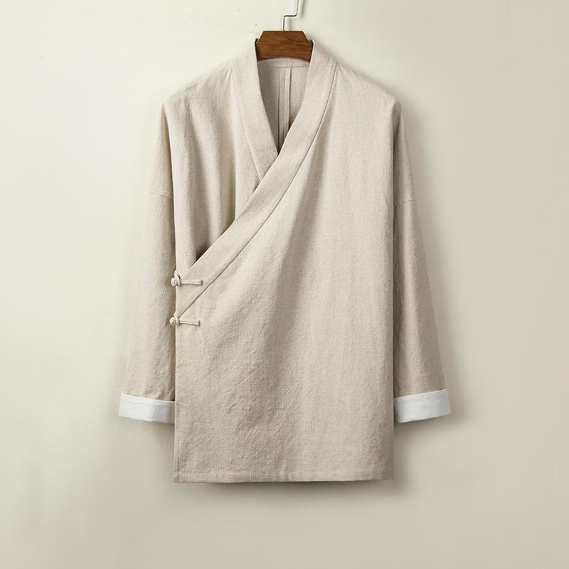 Buddha Stones Chinese Frog-Buttons Long Sleeve Design Open Front Jacket Men's Cotton Linen Kimono