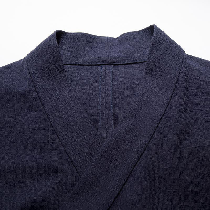 Buddha Stones Chinese Frog-Buttons Long Sleeve Design Open Front Jacket Men's Cotton Linen Kimono