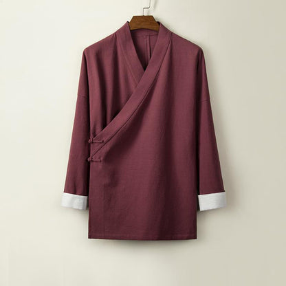 Buddha Stones Chinese Frog-Buttons Long Sleeve Design Open Front Jacket Men's Cotton Linen Kimono