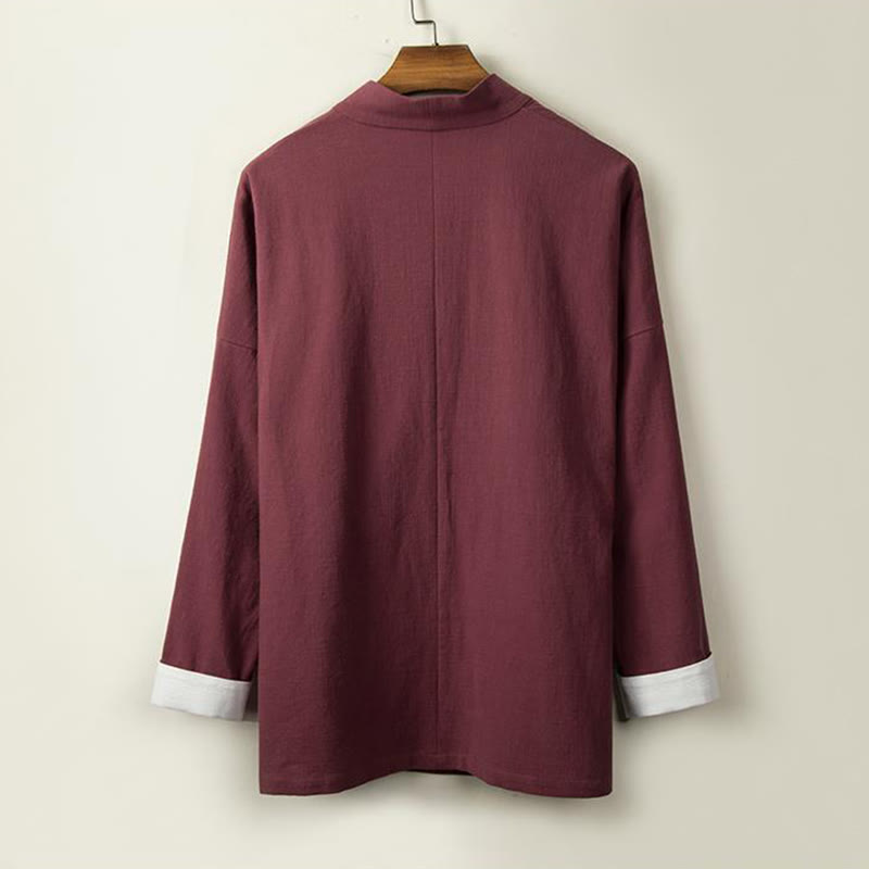 Buddha Stones Chinese Frog-Buttons Long Sleeve Design Open Front Jacket Men's Cotton Linen Kimono