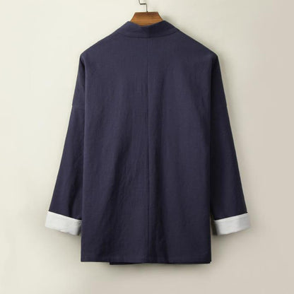 Buddha Stones Chinese Frog-Buttons Long Sleeve Design Open Front Jacket Men's Cotton Linen Kimono