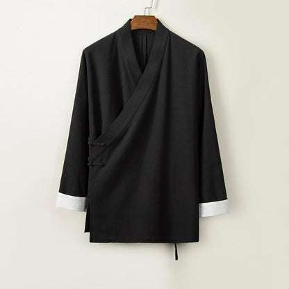 Buddha Stones Chinese Frog-Buttons Long Sleeve Design Open Front Jacket Men's Cotton Linen Kimono