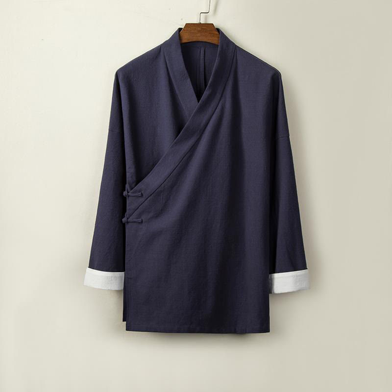 Buddha Stones Chinese Frog-Buttons Long Sleeve Design Open Front Jacket Men's Cotton Linen Kimono