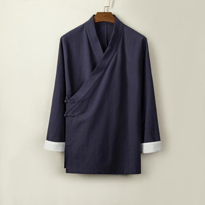 Buddha Stones Chinese Frog-Buttons Long Sleeve Design Open Front Jacket Men's Cotton Linen Kimono