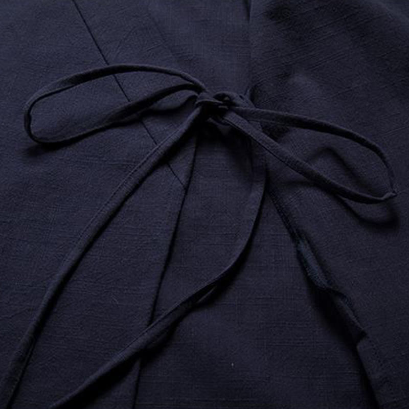 Buddha Stones Chinese Frog-Buttons Long Sleeve Design Open Front Jacket Men's Cotton Linen Kimono