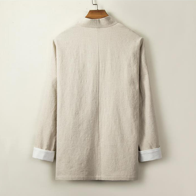 Buddha Stones Chinese Frog-Buttons Long Sleeve Design Open Front Jacket Men's Cotton Linen Kimono