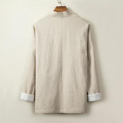 Buddha Stones Chinese Frog-Buttons Long Sleeve Design Open Front Jacket Men's Cotton Linen Kimono