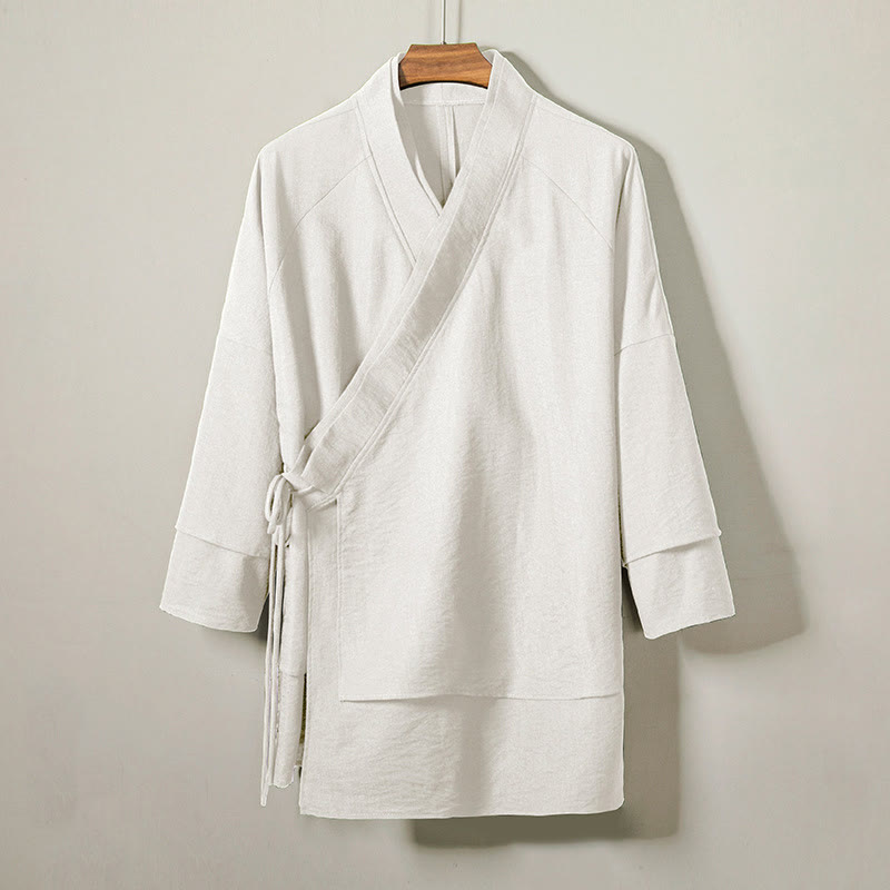 Buddha Stones Lace-Up Design Open Front Jacket Men's Cotton Linen Long Sleeve Kimono