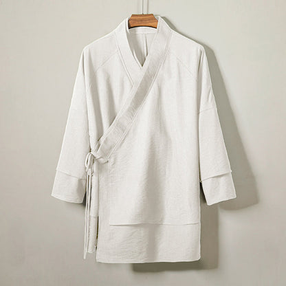 Buddha Stones Lace-Up Design Open Front Jacket Men's Cotton Linen Long Sleeve Kimono