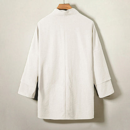Buddha Stones Lace-Up Design Open Front Jacket Men's Cotton Linen Long Sleeve Kimono