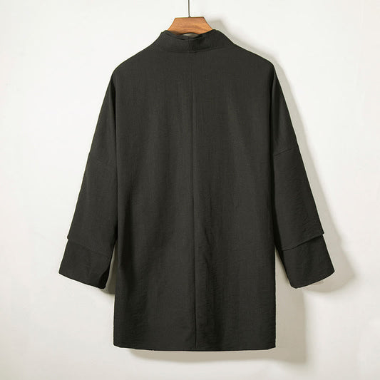 Buddha Stones Lace-Up Design Open Front Jacket Men's Cotton Linen Long Sleeve Kimono