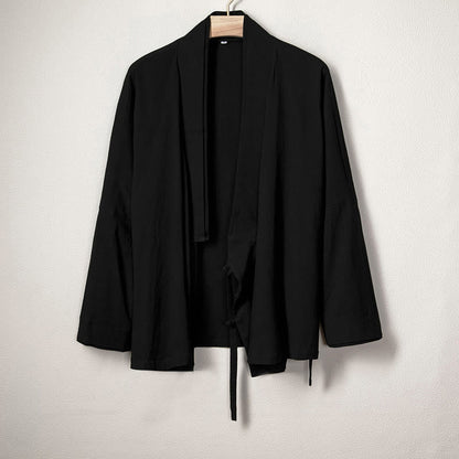 Buddha Stones Men's Plain Design Open Front Jacket Cotton Linen Long Sleeve Kimono